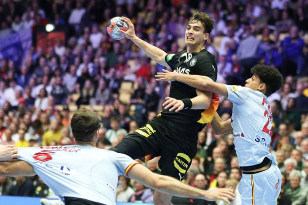 Germany Spain, EHF Handball European Championship 2026 Julian Köster Germany, 18 vs Marcos Fis Ballester Spain, 22 Handball EHF European Championship, International match between Germany and Spain on January 19, 2026 in Herning Denmark , Herning Denmark Jyske Bank Boxing