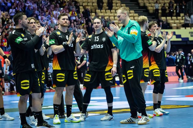 HERNING, DENMARK - JANUARY 19: celebration after victory team Germany during the EHF EURO 2026 match between Germany vs Spain at Jyske Bank Boxen Arena on matchday 3 of the Group Matches Group A on January 19, 2026 in Herning, Denmark. Midtjylland Denmark Copyright: xMarioxM.xKobergx