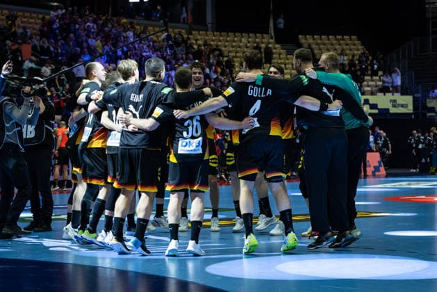 HERNING, DENMARK - JANUARY 19: celebration after victory team Germany during the EHF EURO 2026 match between Germany vs Spain at Jyske Bank Boxen Arena on matchday 3 of the Group Matches Group A on January 19, 2026 in Herning, Denmark. Midtjylland Denmark Copyright: xMarioxM.xKobergx