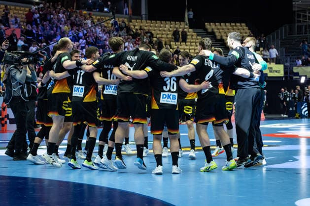 HERNING, DENMARK - JANUARY 19: celebration after victory team Germany during the EHF EURO 2026 match between Germany vs Spain at Jyske Bank Boxen Arena on matchday 3 of the Group Matches Group A on January 19, 2026 in Herning, Denmark. Midtjylland Denmark Copyright: xMarioxM.xKobergx