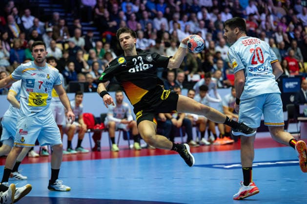 HERNING, DENMARK - JANUARY 19: Renars Uscins (Germany, 23) in attack during the EHF EURO 2026 match between Germany vs Spain at Jyske Bank Boxen Arena on matchday 3 of the Group Matches Group A on January 19, 2026 in Herning, Denmark. Midtjylland Denmark Copyright: xMarioxM.xKobergx