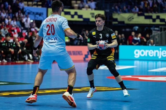 HERNING, DENMARK - JANUARY 19: Abel Serdio Guntin (Spain, 20) against Nils Lichtlein (Germany, 03) during the EHF EURO 2026 match between Germany vs Spain at Jyske Bank Boxen Arena on matchday 3 of the Group Matches Group A on January 19, 2026 in Herning, Denmark. Midtjylland Denmark Copyright: xMarioxM.xKobergx