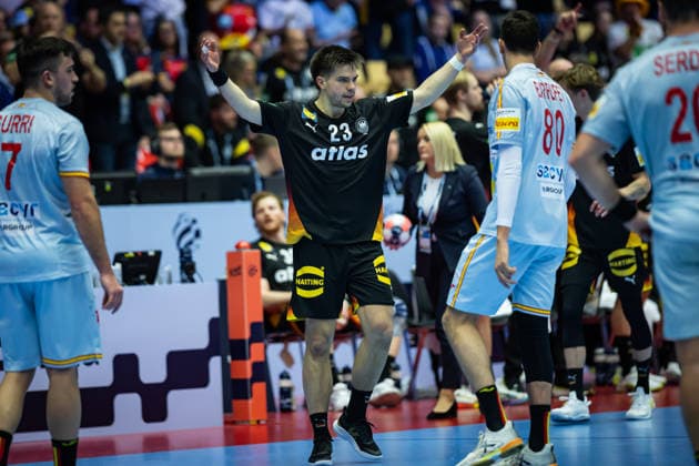 HERNING, DENMARK - JANUARY 19: celebration goal celebration Renars Uscins (Germany, 23) during the EHF EURO 2026 match between Germany vs Spain at Jyske Bank Boxen Arena on matchday 3 of the Group Matches Group A on January 19, 2026 in Herning, Denmark. Midtjylland Denmark Copyright: xMarioxM.xKobergx