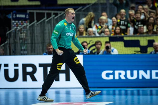 HERNING, DENMARK - JANUARY 19: goalie celebration joy after saved ball David Späth (Germany, 01) during the EHF EURO 2026 match between Germany vs Spain at Jyske Bank Boxen Arena on matchday 3 of the Group Matches Group A on January 19, 2026 in Herning, Denmark. Midtjylland Denmark Copyright: xMarioxM.xKobergx
