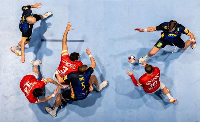 260119 Miriani Gavashelishvili, George Lapiashvili, Irakli Kbilashvili of Georgia against Lukas Sandell, Max Darj and Jonathan Carlsbogard of Sweden during the EHF European Handball Championship preliminary round match between Georgia and Sweden on January 19, 2026 in Malmö Photo Petter Arvidson BILDBYRAN kod PA PA1125 handball handball handball handballs em 2026 georgien sverige sweden ehf european handball championship georgia bbeng  Copyright: PETTERxARVIDSON BB260119PA292