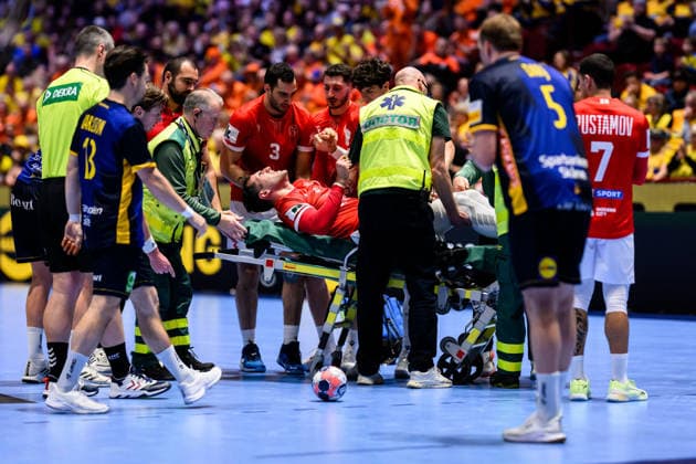 260119 Erekle Arsenashvili of Georgia with an injury during the EHF European Handball Championship preliminary round match between Georgia and Sweden on January 19, 2026 in Malmö Photo Petter Arvidson BILDBYRAN kod PA PA1125 handball handball handball handballs em 2026 georgien sverige sweden ehf european handball championship georgia bbeng injury  Copyright: PETTERxARVIDSON BB260119PA305