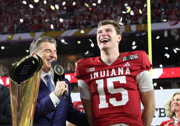 Indiana quarterback Fernando Mendoza (15) is interviewed after the Hoosiers defeated the Miami Hurricanes 27-21 in the NCAA, College League, USA College Football Championship game at Hard Rock Stadium in Miami, Florida, on Monday, January 19, 2026.  MIA20260119884 AARONxJOSEFCZYK