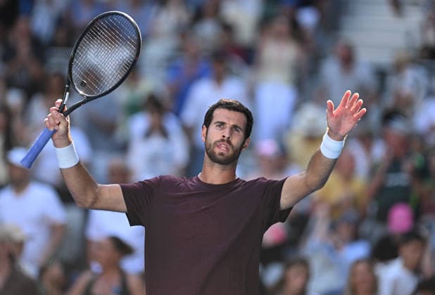 TENNIS AUSTRALIAN OPEN, Karen Khachanov of Russia celebrates winning the Men™s first round match agains Alex Michelsen of USA on day 3 of the 2026 Australian Open tennis tournament at Melbourne Park in Melbourne, Tuesday, January 20, 2026. ( NO ARCHIVING MELBOURNE VICTORIA AUSTRALIA  Copyright: xLUKASxCOCHx 20260120153970467810