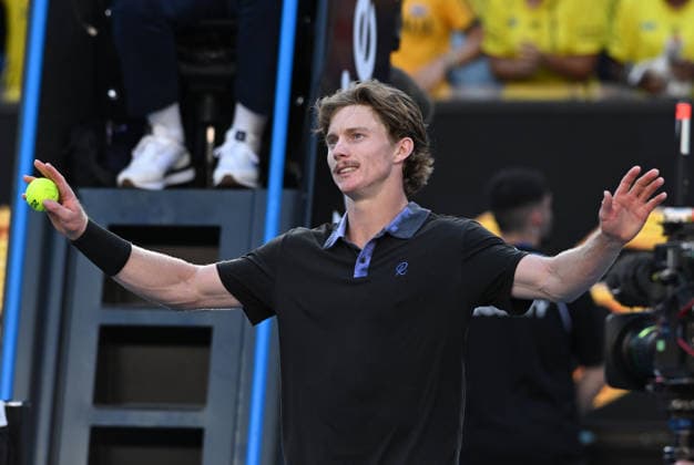 TENNIS AUSTRALIAN OPEN, Dane Sweeny of Australia reacts after winning the Men™s first round match agains Gael Monfils of France on day 3 of the 2026 Australian Open tennis tournament at Melbourne Park in Melbourne, Tuesday, January 20, 2026. ( NO ARCHIVING MELBOURNE VICTORIA AUSTRALIA  Copyright: xJAMESxROSSx 20260120157618934442
