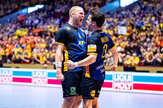 Georgia v Sweden, EHF EURO 2026, Malmo, Sweden Malmo, Sweden - 2026, January 19 : Sebastian Karlsson (13) and Felix Moller (6) of Sweden seen celebrating during the EHF Euro 2026 match between Georgia v Sweden at Malmo Arena, Malmo Sweden, Malmö  Copyright: xGonzalesxPhoto TobiasxJorgensenx