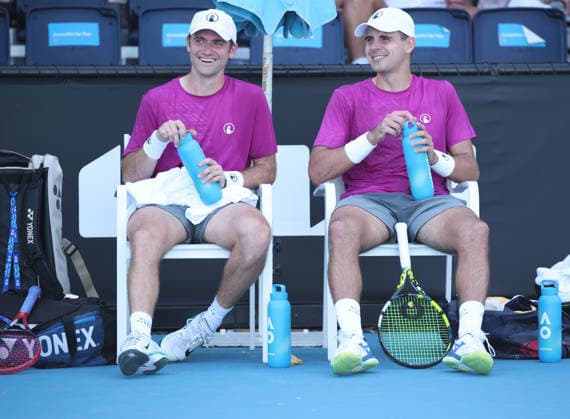 Petr Nouza, Patrk Rikl CZE sitting on the chair during the break in play, Men s Doubles, Australian Open 2026, Melbourne Park, Melbourne, Victoria, Australia Copyright: xJuergenxHasenkopfx