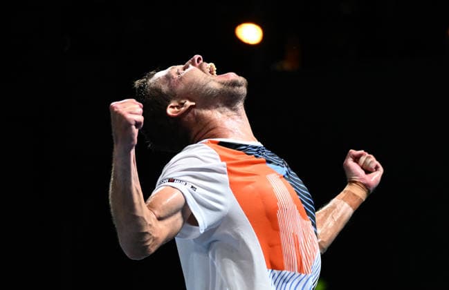 TENNIS AUSTRALIAN OPEN, James Duckworth of Australia celebrates winning the Men™s 1st round match against Dino Prizmic of Croatia on day 3 of the 2026 Australian Open tennis tournament at Melbourne Park in Melbourne, Tuesday, January 20, 2026. ( NO ARCHIVING MELBOURNE VICTORIA AUSTRALIA  Copyright: xJOELxCARRETTx 20260120127981578333