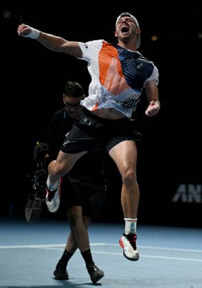 TENNIS AUSTRALIAN OPEN, James Duckworth of Australia celebrates winning the Men™s 1st round match against Dino Prizmic of Croatia on day 3 of the 2026 Australian Open tennis tournament at Melbourne Park in Melbourne, Tuesday, January 20, 2026. ( NO ARCHIVING MELBOURNE VICTORIA AUSTRALIA  Copyright: xJOELxCARRETTx 20260120142487725976