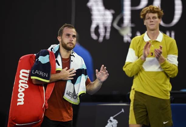 (260120) -- MELBOURNE, Jan. 20, 2026 -- Hugo Gaston (L) leaves the court during the men s singles 1st round match between Hugo Gaston of France and Jannik Sinner of Italy at the Australian Open tennis tournament in Melbourne, Australia, Jan. 20, 2026. (Photo by Xinhua) (SP)AUSTRALIA-MELBOURNE-TENNIS-AUSTRALIAN OPEN-MEN S SINGLES-DAY 3 WangxShen 