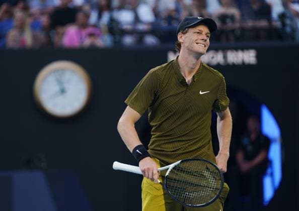 (260120) -- MELBOURNE, Jan. 20, 2026 -- Jannik Sinner reacts during the men s singles 1st round match between Hugo Gaston of France and Jannik Sinner of Italy at the Australian Open tennis tournament in Melbourne, Australia, Jan. 20, 2026. (Photo by Xinhua) (SP)AUSTRALIA-MELBOURNE-TENNIS-AUSTRALIAN OPEN-MEN S SINGLES-DAY 3 WangxShen 