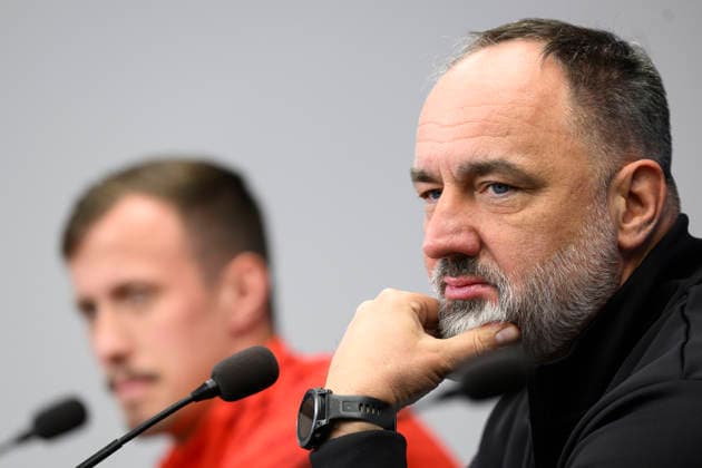Slavia centre-back Tomas Vlcek (left) and head coach Jindrich Trpisovsky give a press conference, PK, Pressekonferenz before the UEFA Champions League, round 7, match SK Slavia Praha vs FC Barcelona, Barca in Prague, Czech Republic, on January 20, 2026. (CTKxPhoto MichalxKamaryt) CTKPhotoP2026012006020  CTKPhotoP2026012006020