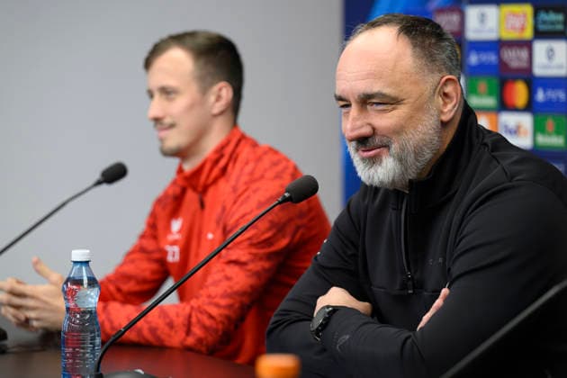 Slavia centre-back Tomas Vlcek (left) and head coach Jindrich Trpisovsky give a press conference, PK, Pressekonferenz before the UEFA Champions League, round 7, match SK Slavia Praha vs FC Barcelona, Barca in Prague, Czech Republic, on January 20, 2026. (CTKxPhoto MichalxKamaryt) CTKPhotoP2026012006022  CTKPhotoP2026012006022
