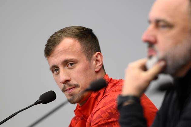 Slavia centre-back Tomas Vlcek (left) and head coach Jindrich Trpisovsky give a press conference, PK, Pressekonferenz before the UEFA Champions League, round 7, match SK Slavia Praha vs FC Barcelona, Barca in Prague, Czech Republic, on January 20, 2026. (CTKxPhoto MichalxKamaryt) CTKPhotoP2026012006085  CTKPhotoP2026012006085