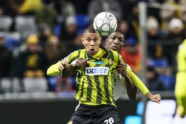 Kairat s Edmilson and Club s Joel Ordonez fight for the ball during a soccer game between Kazakh FC Kairat Almaty and Belgian Club Brugge KV, Tuesday 20 January 2026 in Astana, Kazakhstan, on day seven of the League phase of the UEFA Champions League tournament. BRUNOxFAHY  x157276536x