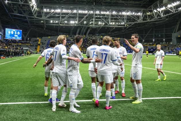 Club s players celebrate during a soccer game between Kazakh FC Kairat Almaty and Belgian Club Brugge KV, Tuesday 20 January 2026 in Astana, Kazakhstan, on day seven of the League phase of the UEFA Champions League tournament. BRUNOxFAHY  x157282038x