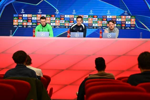 Bayern Munchen v Royale Union Saint-Gilloise - UEFA Champions League Media Activities 20 01 2026 MUNICH, GERMANY - JANUARY 20 : Florucz Raul Alexander forward of Union Saint-Gilloise and Hubert David head coach of Union Saint-Gilloise talking to the press during a press conference, PK, Pressekonferenz ahead of the UEFA Champions League 2025 26 League Phase MD7 match between Bayern Munchen and Royale Union Saint-Gilloise on January 20, 2026 in Munich, Germany, 20 01 2026 Munich Germany  Copyright: xVincentxKalutx