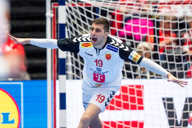EHF Handball European Championship North Macedonia Romania North Macedonia s Nenad Kosteski reacts after scoring during the men s handball match between North Macedonia and Romania in EHF Euro 2026 group B at Jyske Bank Boxen in Herning on Tuesday, January 20, 2026 Photo Bo Amstrup Ritzau Scanpix , Herning Denmark Mors  Copyright: BoxAmrstrupx xRitzauxScanpix BoxAmstrupx spdk20260120-185239-L