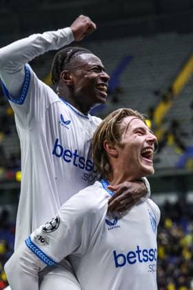Club s Mamadou Diakhon and Club s Romeo Vermant celebrate during a soccer game between Kazakh FC Kairat Almaty and Belgian Club Brugge KV, Tuesday 20 January 2026 in Astana, Kazakhstan, on day seven of the League phase of the UEFA Champions League tournament. BRUNOxFAHY  x157295766x