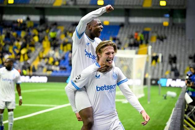 Kairat Almaty v Club Brugge - UEFA Champions League ASTANA, KAZACHSTAN - JANUARY 20 : Vermant Romeo forward of Club Brugge celebrates after scoring with Diakhon Mamadou forward of Club Brugge during the UEFA Champions League 2025 26 League Phase MD7 match between Kairat Almaty and Club Brugge on January 20, 2026 in Astana, Kazachstan, 20 01 2026 Astana Kazachstan  Copyright: xJanxDexMeuleneirx
