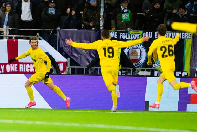 Football, Champions League 2025 2026 Bodo Glimt Manchester City Bodo 20260120 Bodo Glimts Kasper Hogh scores in the Champions League football match between Bodo Glimt and Manchester City at Aspmyra Stadium Photo Fredrik Varfjell NTB Bodo Norway EDITORIAL USE ONLY RESTRICTED USE FOR BETTING COMPANIES  Copyright: xFredrikxVarfjellx xNTBx