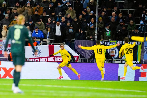 Football, Champions League 2025 2026 Bodo Glimt Manchester City Bodo 20260120 Bodo Glimts Kasper Hogh scores in the Champions League football match between Bodo Glimt and Manchester City at Aspmyra Stadium Photo Fredrik Varfjell NTB Bodo Norway EDITORIAL USE ONLY RESTRICTED USE FOR BETTING COMPANIES  Copyright: xFredrikxVarfjellx xNTBx