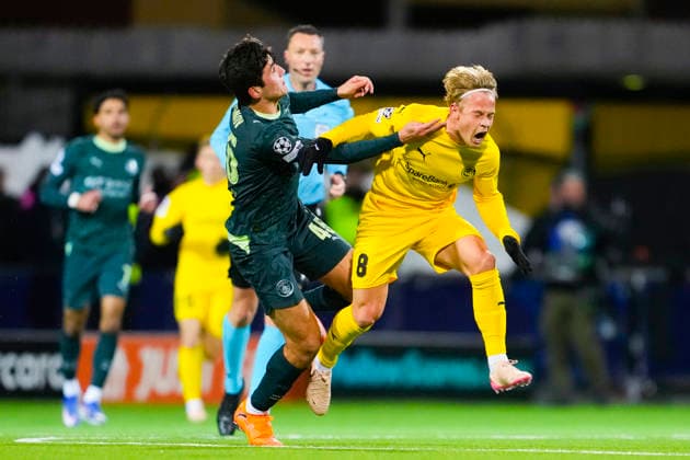 Football, Champions League 2025 2026 Bodo Glimt Manchester City Bodo 20260120 Manchester Citys Abdukodir Khusanov left and Bodo Glimts Sondre Auklend in the Champions League football match between Bodo Glimt and Manchester City at Aspmyra Stadium Photo Fredrik Varfjell NTB Bodo Norway EDITORIAL USE ONLY RESTRICTED USE FOR BETTING COMPANIES  Copyright: xFredrikxVarfjellx xNTBx