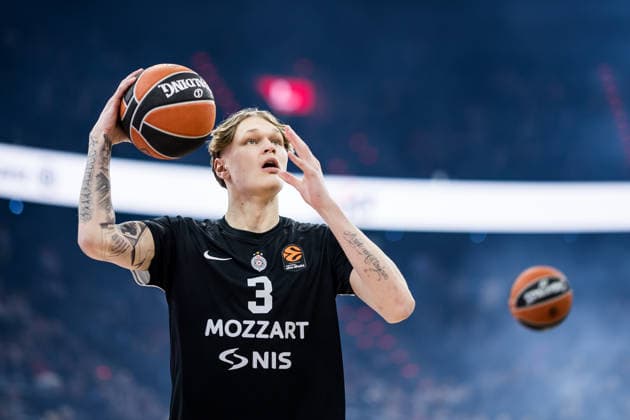 MUNICH, GERMANY - JANUARY 20: Miikka Muurinen (Partizan Mozzart Bet Belgrade, 3) during warm up before the Turkish Airlines EuroLeague match between FC Bayern Muenchen vs. Partizan Mozzart Bet Belgrade at SAP Garden on round 23 of Turkish Airlines EuroLeague on January 20, 2026 in Munich, Germany. Bavaria Germany Copyright: xSteffiexWunderlx