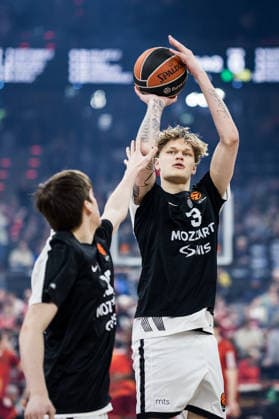 MUNICH, GERMANY - JANUARY 20: Miikka Muurinen (Partizan Mozzart Bet Belgrade, 3) during warm up before the Turkish Airlines EuroLeague match between FC Bayern Muenchen vs. Partizan Mozzart Bet Belgrade at SAP Garden on round 23 of Turkish Airlines EuroLeague on January 20, 2026 in Munich, Germany. Bavaria Germany Copyright: xSteffiexWunderlx