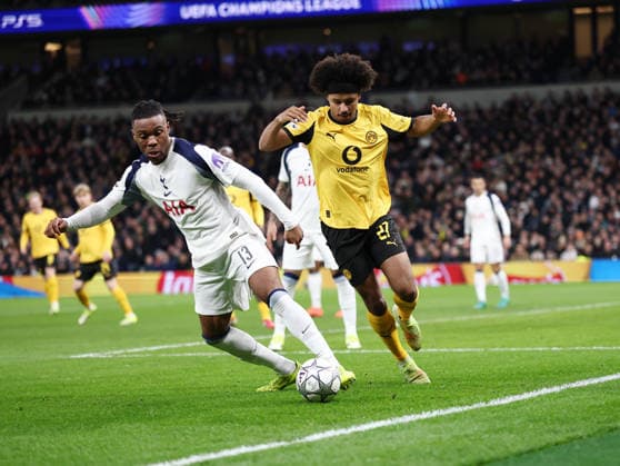 London, England, 20th January 2026. Destiny Udogie of Tottenham moves away from Karim Adeyemi of Borussia Dortmund during the Tottenham Hotspur vs Borussia Dortmund UEFA Champions League match at the Tottenham Hotspur Stadium, London. Picture credit should read: David Klein Sportimage EDITORIAL USE ONLY. No use with unauthorised audio, video, data, fixture lists, club league logos or live services. Online in-match use limited to 120 images, no video emulation. No use in betting, games or single club league player publications. SPI_034_DK_Spurs_Dortmund SPI-4464-0034