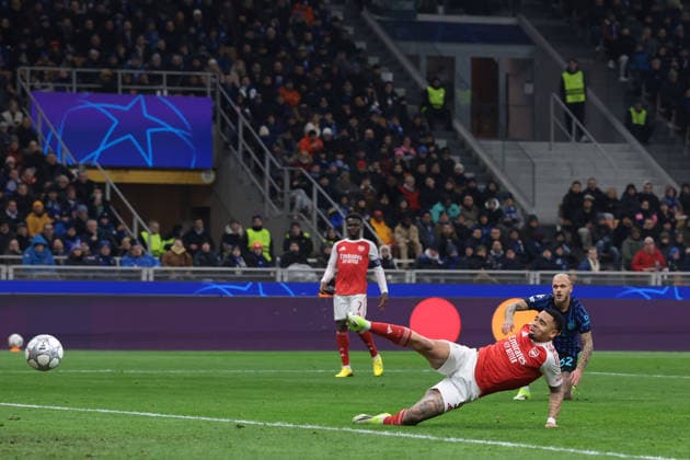 Milan, Italy, 20th January 2026. Gabriel Jesus of Arsenal FC scores to give the side a 1-0 lead during the Internazionale vs Arsenal UEFA Champions League match at Giuseppe Meazza, Milan. Picture credit should read: Jonathan Moscrop Sportimage EDITORIAL USE ONLY. No use with unauthorised audio, video, data, fixture lists, club league logos or live services. Online in-match use limited to 120 images, no video emulation. No use in betting, games or single club league player publications. SPI_017_JM_INTER_ARSENAL_UCL SPI-4421-0017