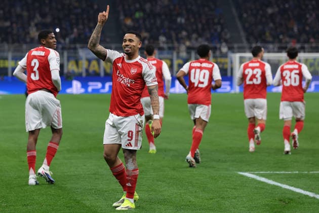 Milan, Italy, 20th January 2026. Gabriel Jesus of Arsenal FC celebrates after scoring to give the side a 1-0 lead during the Internazionale vs Arsenal UEFA Champions League match at Giuseppe Meazza, Milan. Picture credit should read: Jonathan Moscrop Sportimage EDITORIAL USE ONLY. No use with unauthorised audio, video, data, fixture lists, club league logos or live services. Online in-match use limited to 120 images, no video emulation. No use in betting, games or single club league player publications. SPI_020_JM_INTER_ARSENAL_UCL SPI-4421-0020