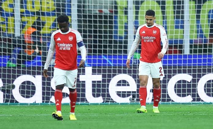 William Saliba of Arsenal reacts after conceding 1st goal Inter Milan v Arsenal, UEFA Champions League, Group Stage, Football, San Siro, Milan, Italy - 20 Jan 2026Milan San Siro Italy EDITORIAL USE ONLY No use with unauthorised audio, video, data, fixture lists, club league logos or live services. Online in-match use limited to 120 images, no video emulation. No use in betting, games or single club league player publications. Copyright: xMichaelxZemanek Shutterstockx 16348333x