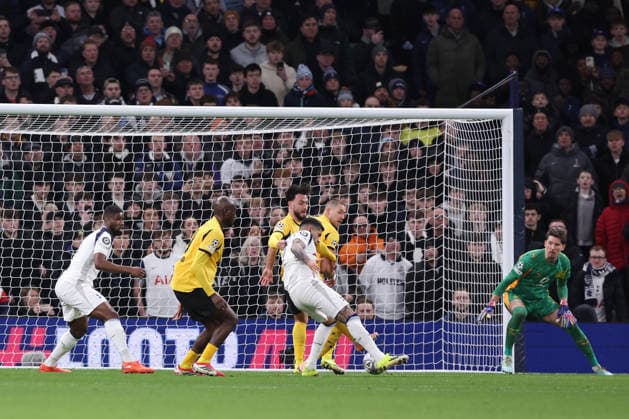 London, England, 20th January 2026. Cristian Romero of Tottenham scores the first goal during the Tottenham Hotspur vs Borussia Dortmund UEFA Champions League match at the Tottenham Hotspur Stadium, London. Picture credit should read: David Klein Sportimage EDITORIAL USE ONLY. No use with unauthorised audio, video, data, fixture lists, club league logos or live services. Online in-match use limited to 120 images, no video emulation. No use in betting, games or single club league player publications. SPI_043_DK_Spurs_Dortmund SPI-4464-0043