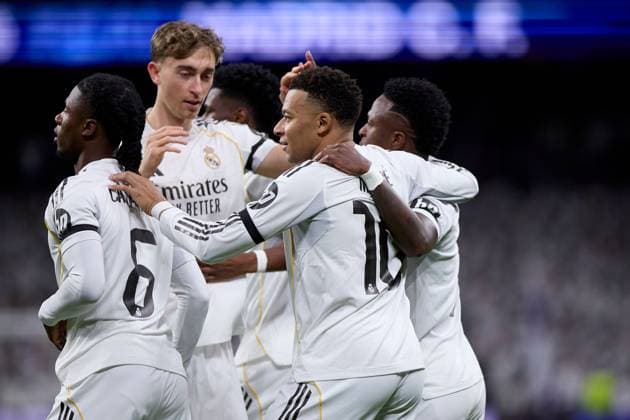 Kylian Mbappe of Real Madrid CF celebrates with his teammates after scoring a goal Real Madrid v AS Monaco, UEFA Champions League, Group Stage, Football, Estadio Bernabeu, Madrid, Spain - 20 Jan 2026Madrid Estadio Bernabeu Spain EDITORIAL USE ONLY No use with unauthorised audio, video, data, fixture lists, club league logos or live services. Online in-match use limited to 120 images, no video emulation. No use in betting, games or single club league player publications. Copyright: xRubenxAlbarran Shutterstockx 16374322af