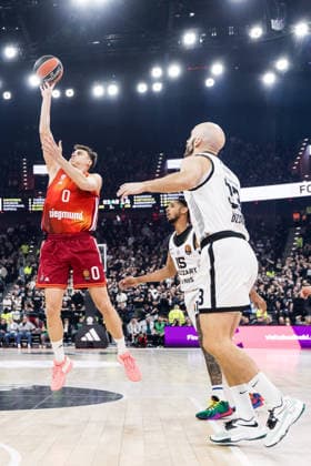 MUNICH, GERMANY - JANUARY 20: Neno Dimitrijevic (FC Bayern Muenchen, 0) tries to score during the Turkish Airlines EuroLeague match between FC Bayern Muenchen vs. Partizan Mozzart Bet Belgrade at SAP Garden on round 23 of Turkish Airlines EuroLeague on January 20, 2026 in Munich, Germany. Bavaria Germany Copyright: xSteffiexWunderlx