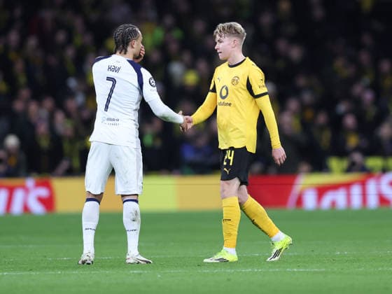 London, England, 20th January 2026. Xavi Simons of Tottenham consoles Daniel Svensson of Borussia Dortmund as he leaves the game following a red card during the Tottenham Hotspur vs Borussia Dortmund UEFA Champions League match at the Tottenham Hotspur Stadium, London. Picture credit should read: David Klein Sportimage EDITORIAL USE ONLY. No use with unauthorised audio, video, data, fixture lists, club league logos or live services. Online in-match use limited to 120 images, no video emulation. No use in betting, games or single club league player publications. SPI_054_DK_Spurs_Dortmund SPI-4464-0055