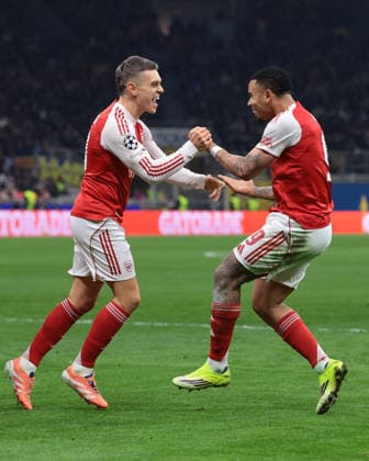 Milan, Italy, 20th January 2026. Gabriel Jesus of Arsenal FC celebrates with team mate Leandro Trossard after scoring to give the side a 2-1 lead during the Internazionale vs Arsenal UEFA Champions League match at Giuseppe Meazza, Milan. Picture credit should read: Jonathan Moscrop Sportimage EDITORIAL USE ONLY. No use with unauthorised audio, video, data, fixture lists, club league logos or live services. Online in-match use limited to 120 images, no video emulation. No use in betting, games or single club league player publications. SPI_037_JM_INTER_ARSENAL_UCL SPI-4421-0037