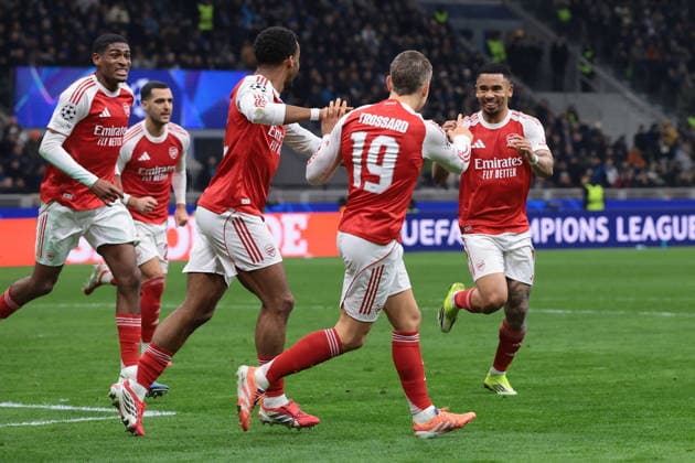 Milan, Italy, 20th January 2026. Gabriel Jesus of Arsenal FC celebrates with team mate Leandro Trossard after scoring to give the side a 2-1 lead during the Internazionale vs Arsenal UEFA Champions League match at Giuseppe Meazza, Milan. Picture credit should read: Jonathan Moscrop Sportimage EDITORIAL USE ONLY. No use with unauthorised audio, video, data, fixture lists, club league logos or live services. Online in-match use limited to 120 images, no video emulation. No use in betting, games or single club league player publications. SPI_039_JM_INTER_ARSENAL_UCL SPI-4421-0039
