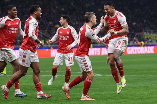Milan, Italy, 20th January 2026. Gabriel Jesus of Arsenal FC celebrates with team mate Leandro Trossard after scoring to give the side a 2-1 lead during the Internazionale vs Arsenal UEFA Champions League match at Giuseppe Meazza, Milan. Picture credit should read: Jonathan Moscrop Sportimage EDITORIAL USE ONLY. No use with unauthorised audio, video, data, fixture lists, club league logos or live services. Online in-match use limited to 120 images, no video emulation. No use in betting, games or single club league player publications. SPI_043_JM_INTER_ARSENAL_UCL SPI-4421-0043