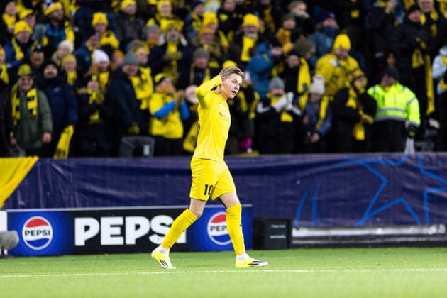 Jens Petter Hauge (10 Bodo Glimt) celebrates after scoring during the UEFA Champions League football match between Bodo Glimt and Manchester City at Aspmyra in Bodo, Norway. Copyright: xAnexFrosakerx xSPPx Sportspressphoto_SPR83620