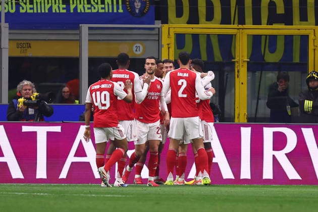 Gabriel Jesus (Arsenal Fc) celebrates after scoring his team s first goal with team mates, UEFA Champions League 2025 26 League Phase MD7, FC Internazionale Milano v Arsenal Fc, Stadio Giuseppe Meazza (San Siro), January 20, 2026, Milan, Italy.