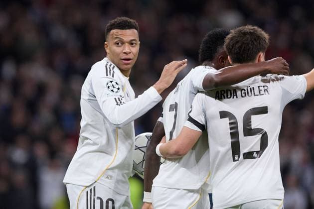 Kylian Mbappe of Real Madrid CF celebrates with his teammates after scoring a goal Real Madrid v AS Monaco, UEFA Champions League, Group Stage, Football, Estadio Bernabeu, Madrid, Spain - 20 Jan 2026Madrid Estadio Bernabeu Spain EDITORIAL USE ONLY No use with unauthorised audio, video, data, fixture lists, club league logos or live services. Online in-match use limited to 120 images, no video emulation. No use in betting, games or single club league player publications. Copyright: xRubenxAlbarran Shutterstockx 16374322ba
