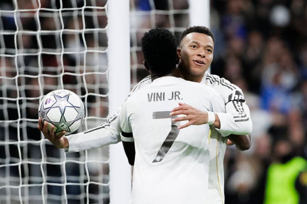 UEFA champions league - Real Madrid vs AS Monaco MADRID, SPAIN - January 20:Kylian Mbappe of Real Madrid and Vinicius Jr of Real Madrid celebrates a goal during the UEFA champions league 2025 26 match between Real Madrid and AS Monaco at Santiago Bernabeu Stadium. (Photo by Guille Martinez f22photo) Madrid Santiago Bernabeu Stadium Spain Copyright: xGuillermoxMartinezx