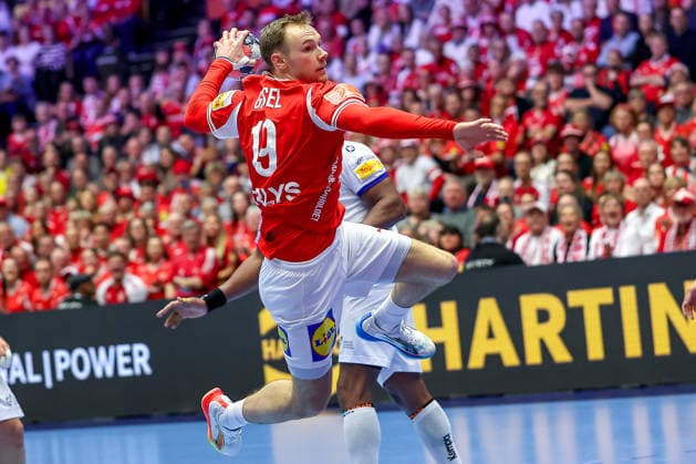 20 01 2026, Handball, Men s EHF EURO 2026, Denmark Portugal, Jyske Bank Boxen in Herning, Denmark, Preliminary Round Mathias Gidsel Denmark 19 Denmark