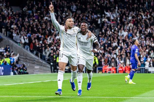 UEFA Champions League soccer match Real Madrid vs Monaco at Santiago Bernabeu stadium in Madrid, Spain. 20 January 2026 Kylian Mbappe celebrates a goal with Vinicius Jr 900 Cordon Press  900 CordonxPress LOF - Champions League Real Madrid vs Monaco